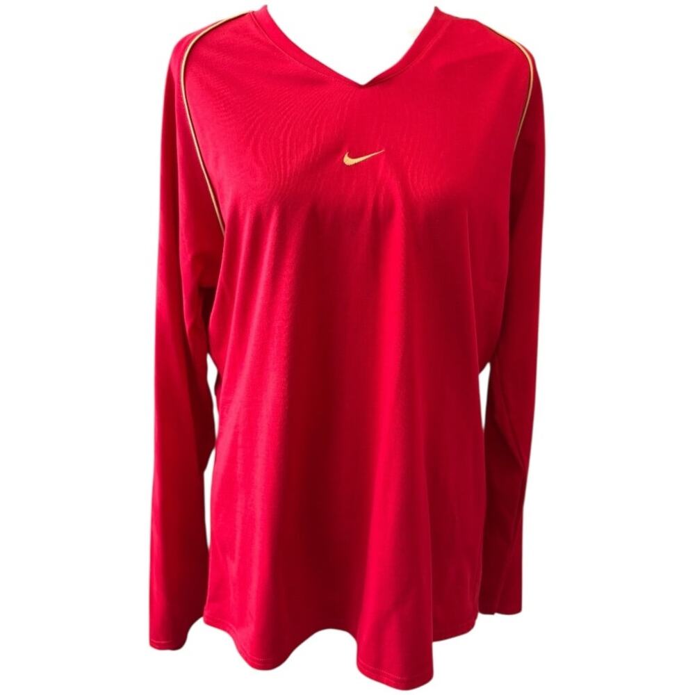 New NIKE Women's Red V Neck Long Sleeve Dri-Fit T-Shirt Size XL